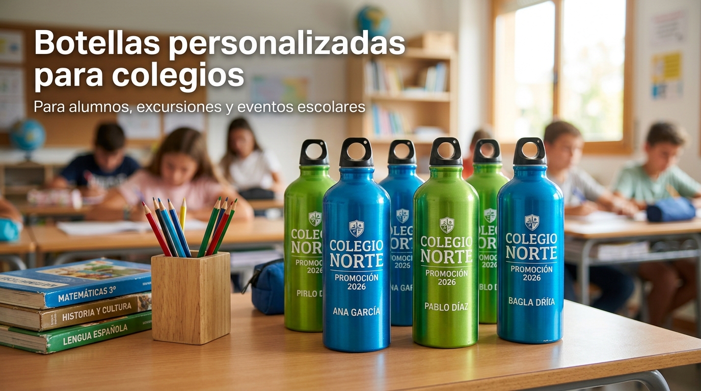 Botellas y cantimploras personalizadas para alumnos, excursiones, actividades, eventos escolares y merchandising del centro.